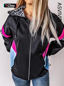 women's leopard patchwork print drawstring zip up hooded jacket, casual long sleeve pocket outerwear for winter, ladies clothes for daily wear