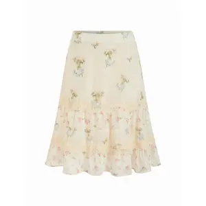 Cider Chiffon Ditsy Floral Low Rise Tiered Lace Trim Midi Skirt
