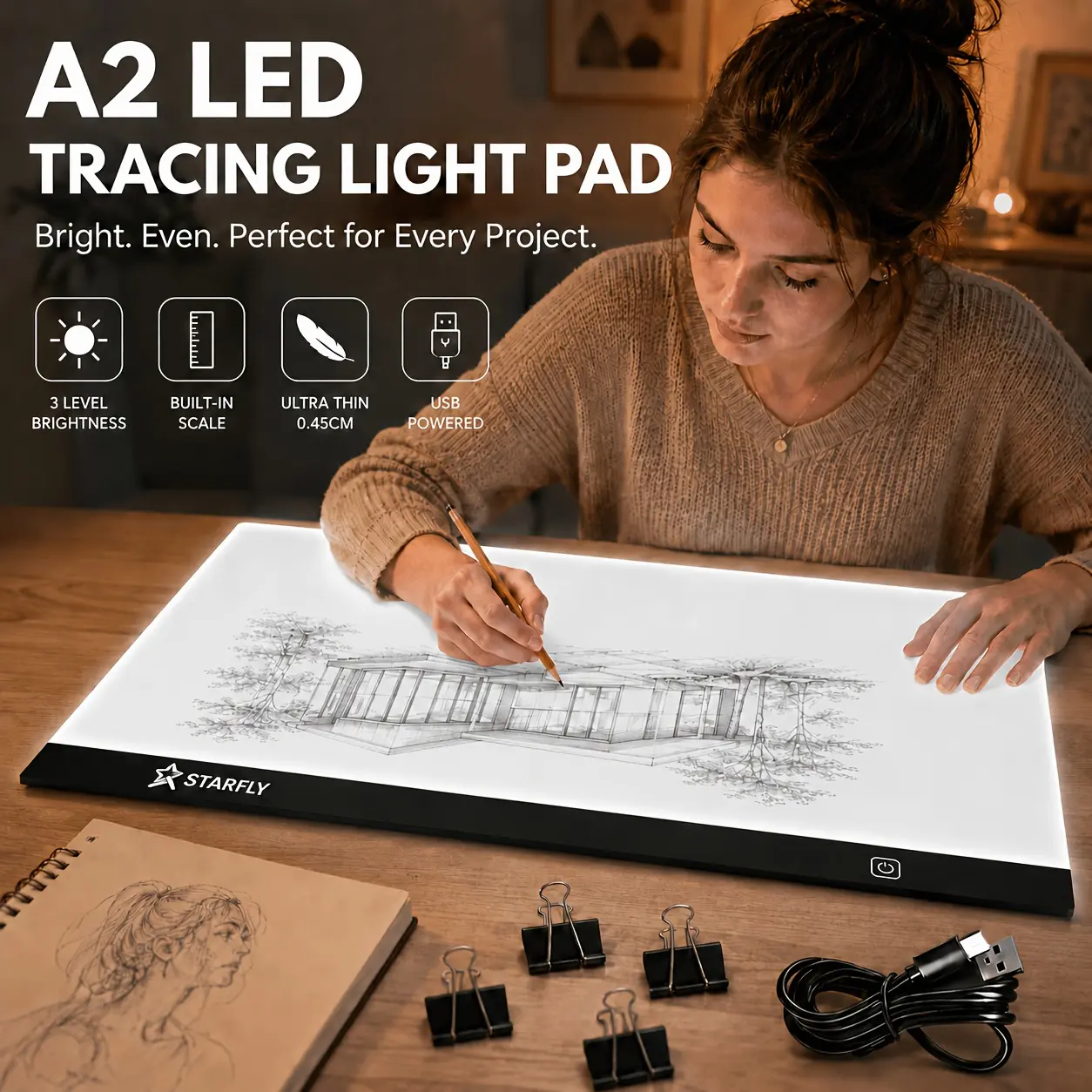 A2 LED Drafting Tools, 23.62 X 15.75In Large Board for Diamond Painting, Drawing & Tracing, Type-C Powered Art Copy Board with 3 Brightness Levels, 4 Black Clips Included, Cable Powered Not Rechargeable