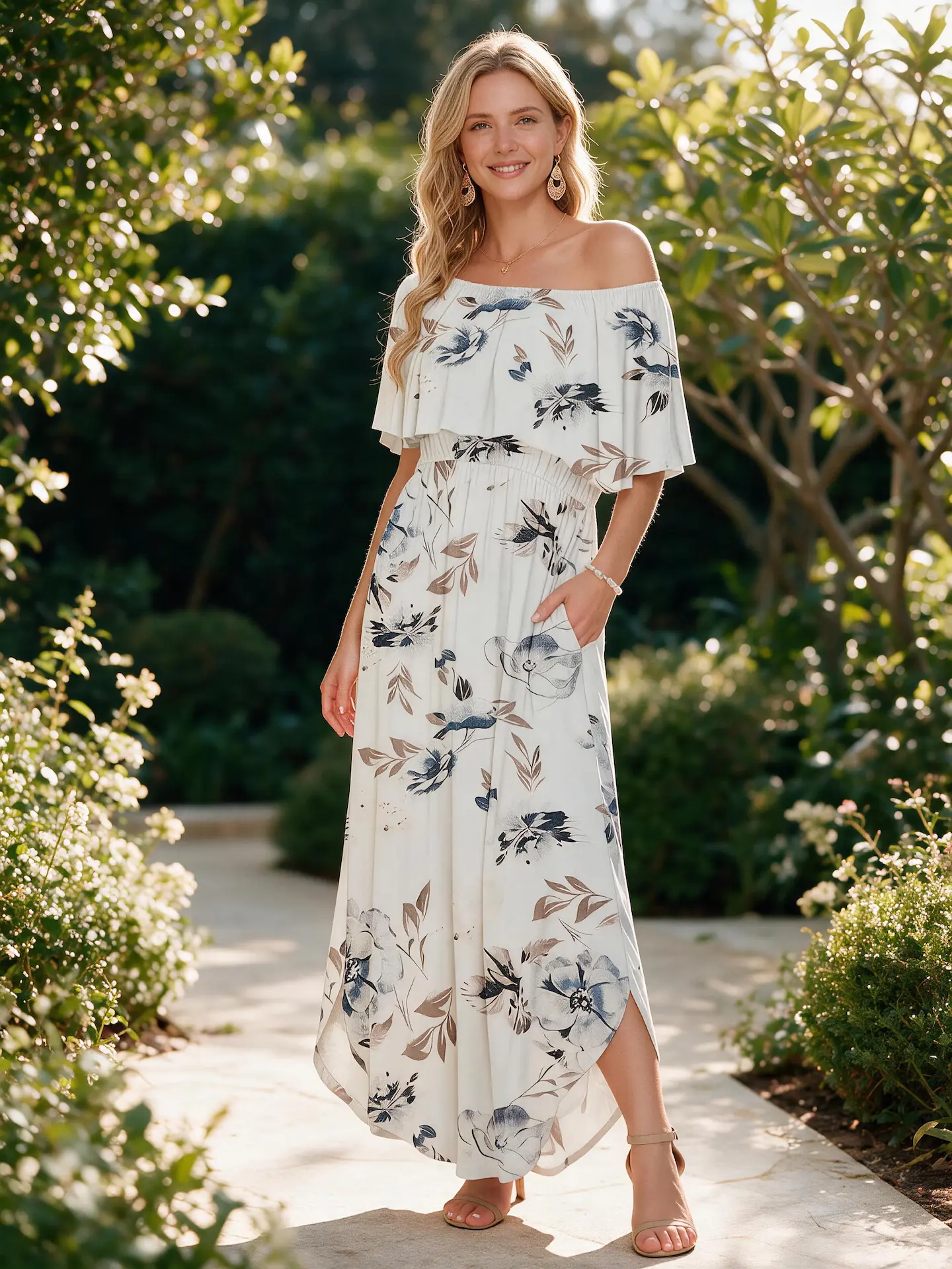Off Shoulder Floral Maxi Dress with Pockets | Ultra Stretchy Tummy Flattering Summer Casual Long Dress - Soft Watercolor Blue