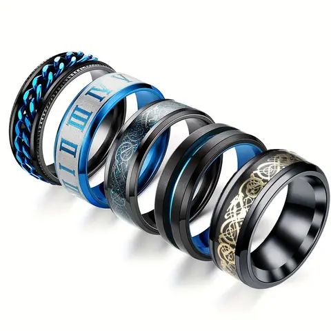 HYmoso Men's 5Pcs Titanium Steel Punk Stackable Rings Set - Alt Fashion Fidget Accessories, 1 Swivel Anxiety Ring, Cool Chain Design, Quirky Unique Guys Gifts for Man, Halloween Goodie Bags Stuffer, Sizes 7-13, Quirky Gifts