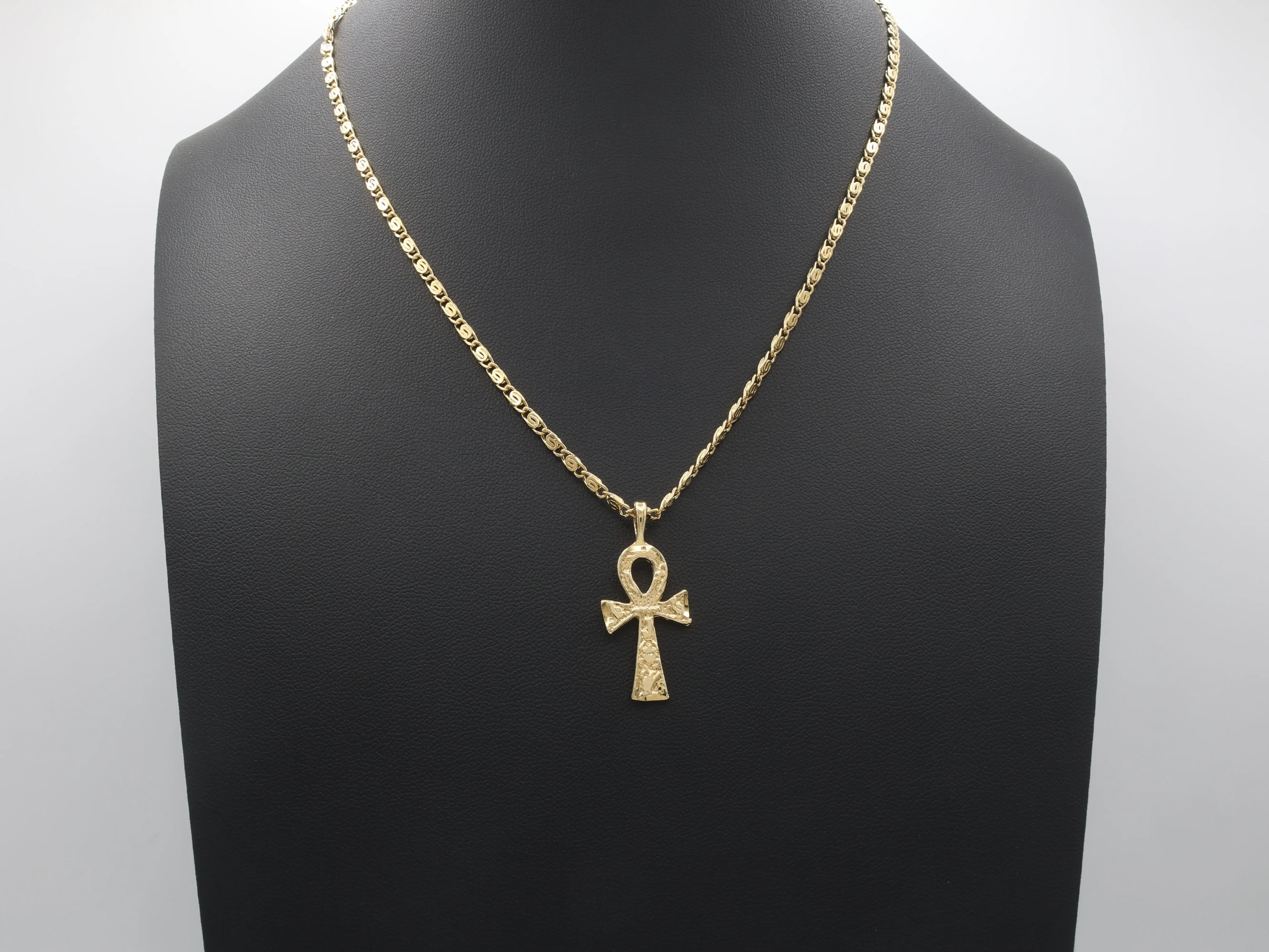 Gold Ankh Necklace 2.5mm Scroll Chain 14k Gold Plated with Textured Design and Lifetime Replacement Guarantee