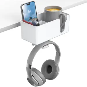 4 in 1 Desk Cup Holder - Clamp on Under Desk Headphone Hanger - Rotating Headphone Holder Detachable Pen Cup Holder Desk Storage for Cup, Phone and Pen(White)