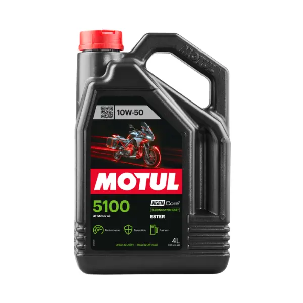Motul 5100 4T 10W-50 Motorcycle Oil - Technosynthese Semi-Synthetic with Ester - API SP JASO MA2 Wet Clutch Safe - High Temp Engine and Gearbox Protection for Street ATV UTV 4 L