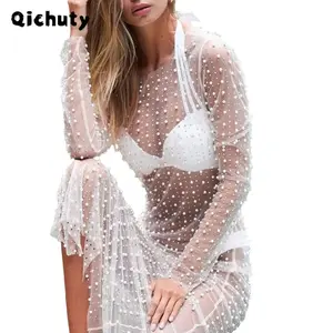 Women's Pearl Rhinestone See-Through Mesh Cover-Up Dress, Sexy Beachwear, Modegal Plus Size Red Sunscreen Swimwear Cover-Up for Bikini Outings