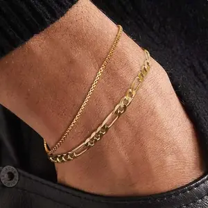 KOPERIN Men's 2pcs Fashionable Elegant Cuban Link Bangles Set with Box, Daily Jewelry Gift Available in 6.5/7/7.5/8/8.5/9 in Lengths