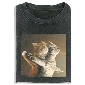 WACKY CAT Unisex Vintage Washed Crew Neck Regular Fit Cotton Fabric Casual Comfort Breathable Short Sleeve Funny T-shirts Fashion Men&Women's Top for Daily Wear 092908