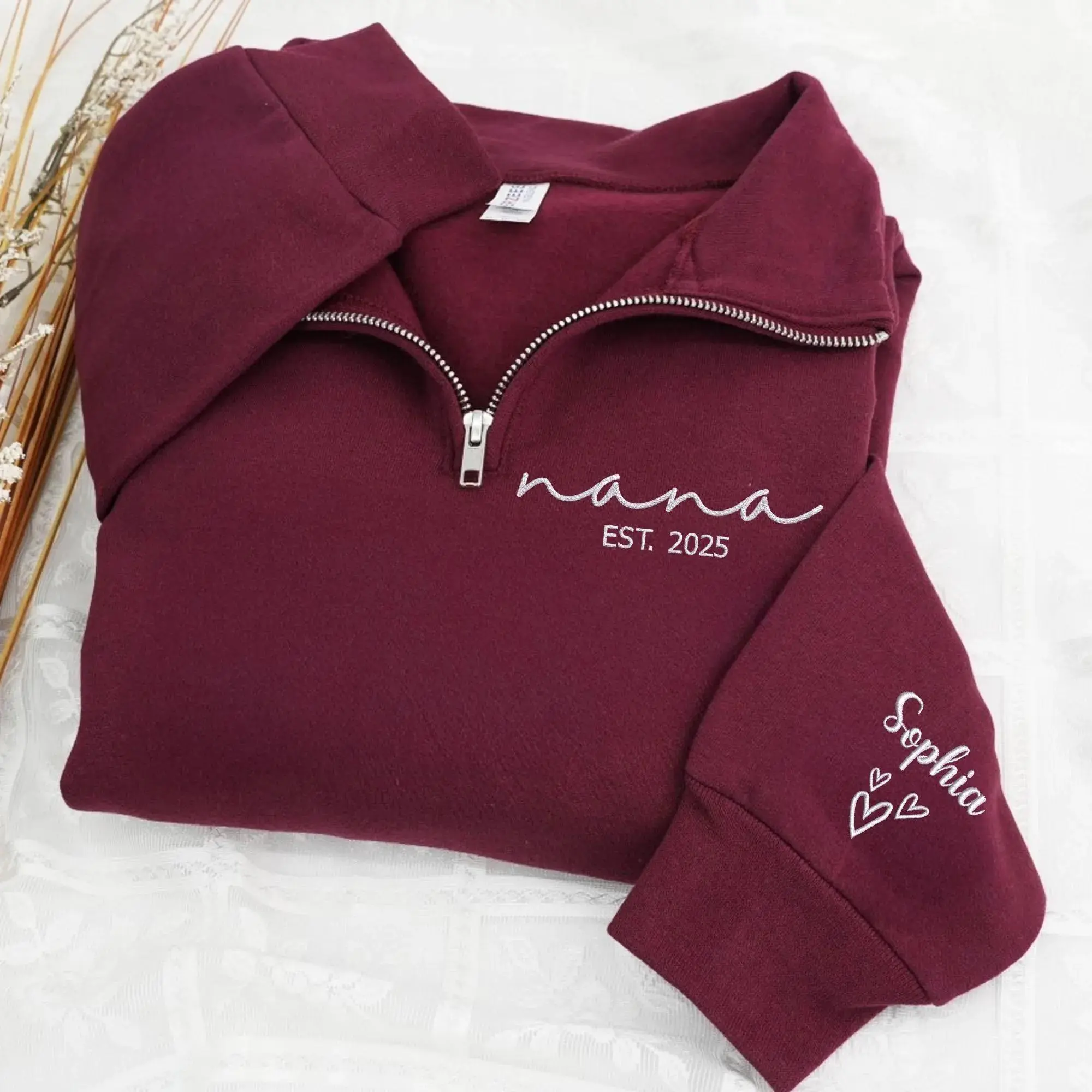 [MAKE IN US]Custom Nana Embroidered Quarter Zip Sweatshirt, Personalized Nana EST Sweatshirt, Christmas Gift for Grandma, Mimi, New Grandma Gift