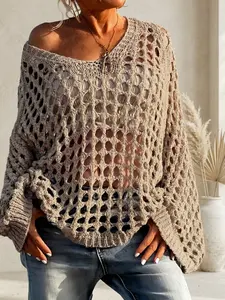 Women's Casual Loose-Fit V Neck Top with Elegant Hollow Out Crochet Design - Solid Color Long Sleeve Knitwear for Beach Vacation, Breathable Thin Sun Protection Sweater, All-Season Hand Washable Ladies Clothes