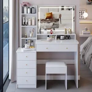 41" Large Size Left Bedside Cabinet Vanity Table+Cushioned Stool, Extra Large Touch Control LED Mirror, 3-color Switch, Multi Layer High Capacity Storage Fashionable Dresser, Suitable For Large Space