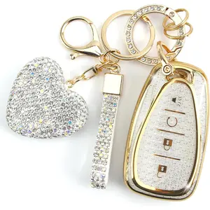 New Upgrade Key Fob Cover for Chevy with Diamond Keychain for Women Car Key Holder Compatible with Chevrolet Equinox Malibu Cruze Traverse Camaro Trax Blazer Volt Bolt Protector, 4 Buttons (White-Heart)