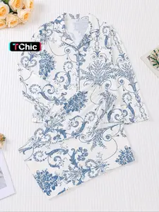 Women's Floral Print Long Sleeve Tee & Pants Pyjama, Casual Comfy Round Neck Top & Trousers PJ Set, Ladies Sleepwear for All Seasons, Loungewear, Soft Casual Pajamas