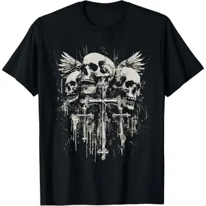 Skull Cross Y2K Goth Alt Grunge Gothic Emo Aesthetic T-Shirt Fabric Menswear Religious Cross Print Casual T-Shirt