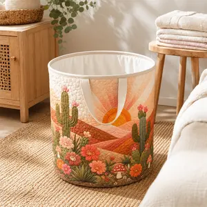 Desert Sunset Laundry Basket with Handles, Large Quilted Storage Basket for Blankets, Clothes & Toys, Boho Cactus Hamper Organizer for Bedroom, Bathroom, Nursery, Dorm & Laundry Room Decor