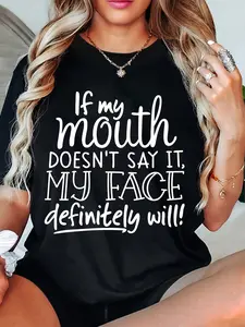Vibrant Statement Women's Round Neck T-Shirt - Cool Letter Printed Top for Fashionistas - Unique Face Expression Design, Versatile and Comfortable Wear for Daily Life