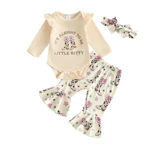 Toddler Baby Girl Western Outfit Long Ruffle Sleeve Pullover Sweatshirt Flared Pants Sets Letter Print Winter Clothes