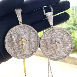 ICE HUE Cross Jesus Shape Hip Hop Pendant, Big Heavy Round Shape Engraved CZ Star Iced Out Bling Full Paved Men's Jewelry Necklace Statement Design Zirconia