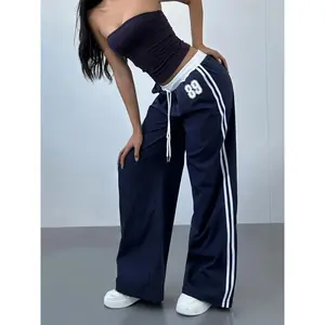 Relaxed Fit | Women's Casual Fashion Straight-Leg Pants - Navy Blue with White Stripes, Letter "M" Design, Drawstring Waist, Machine Washable, Polyester and Elastane Blend, Casual Wear Pants | Trendy Straightleg | Elastic Waistband