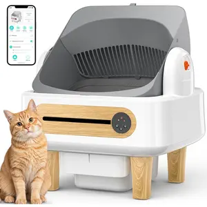 Automatic Cat Litter Box Self Cleaning, Robot Litter Box for Multiple Large Cats, Open Top Auto App Control Ultra-Quiet, Durable, Keep Home Freshness, Wood Grain