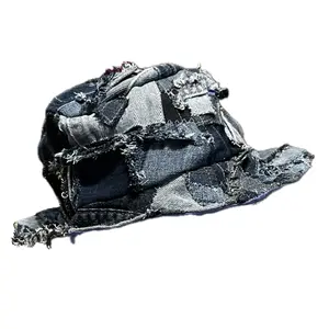 Handmade Distressed Patchwork Bucket Hat Upcycled Denim With Pocket
