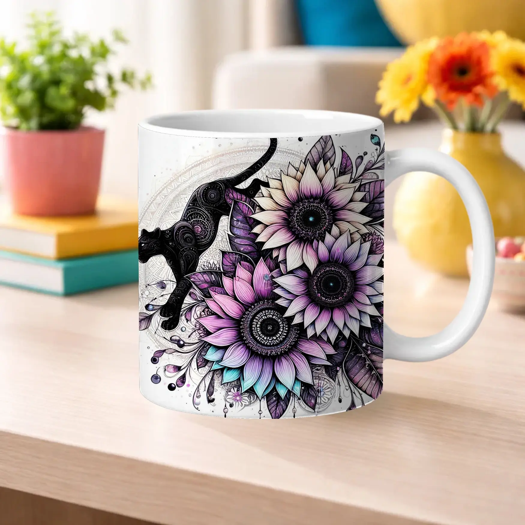 Sunflower and Panther Design Coffee Mug - Purple Floral Artwork for Home Decor