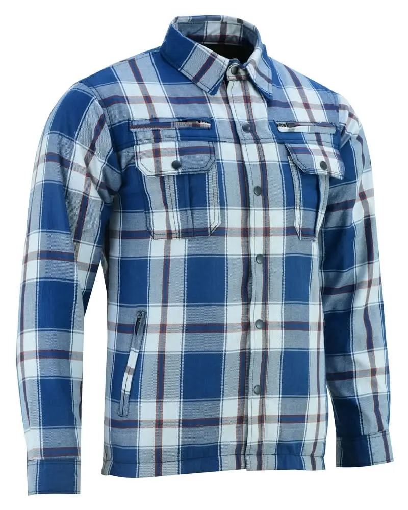 Alpha Check™ Men's Armored Plaid Motorcycle Flannel Shirt - Zipper, Garment Pocket, Menswear (Blue/White/Maroon), Checked, Cotton, Long, Top, Ample Length, Waterproof Zips, 1 Regular Inside Pocket, 2 Inside Concealed Gun Pocket