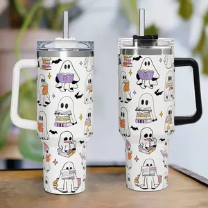 Cute Ghost Reading Books Tumbler with Handle – Halloween 40oz Stainless Steel Cup