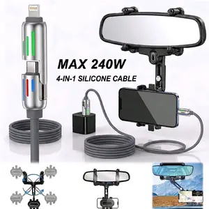 4-in-1 240W Fast Charging Cable 3.2 ft with Car Rearview Mirror Phone Holder 360° Rotatable ABS & nano-PU Material Anti-Shake Secure Grip Easy Installation Universal Fit