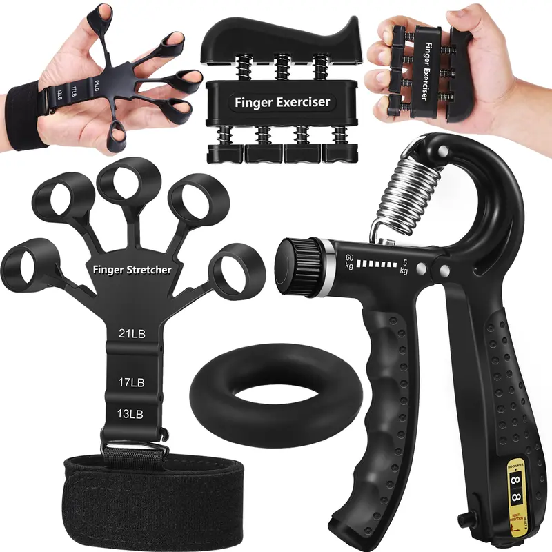 Unisex 4-Piece Grip Strengthener Kit - Adjustable Workout Equipment, Gym Equipment, Rehab-Ready Set (11lb-40lb) with Hand Gripper, Finger Stretcher, Forearm Ring for Muscle Building, Home Gym Use, Ideal for Women Gifts