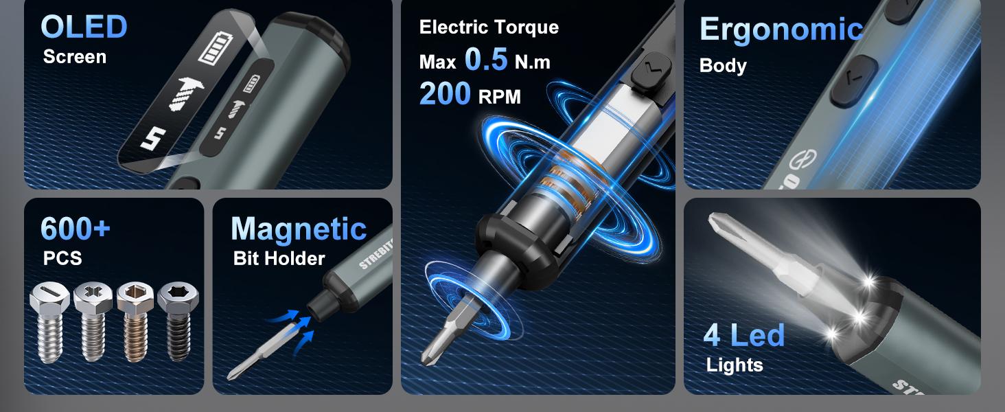 STREBITO Mini Electric Screwdriver Set, 67 in 1 Electric Precision Screwdriver - 50 S2 Magnetic Bits, 5 Torque Settings, 4 LED Lights, Electric Screwdriver Kit for PC Phone Laptop Camera Electronics