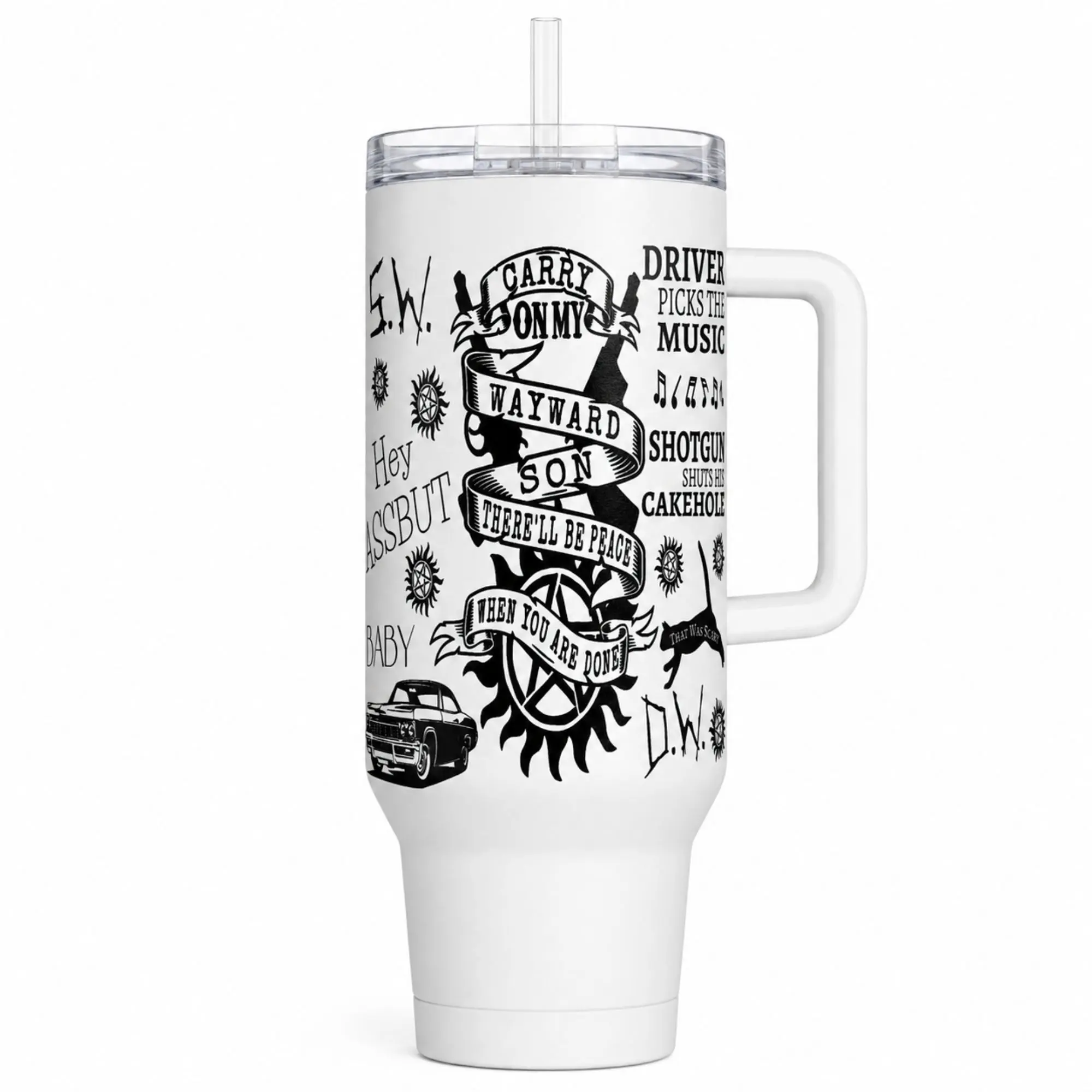 40oz Wayward Son Inspired Tumbler Cup, Black White Supernatural Style Quote Travel Mug, Classic Car Graphic Insulated Handle Cup, Fantasy Hunter Fan Gift, Not Including The Straw