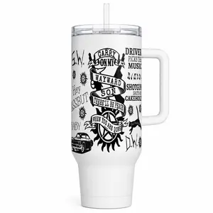 40oz Wayward Son Inspired Tumbler Cup, Black White Supernatural Style Quote Travel Mug, Classic Car Graphic Insulated Handle Cup, Fantasy Hunter Fan Gift, Not Including The Straw