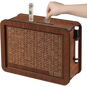10000 Savings Challenge Box, Wooden Cash Vault Savings Box, Kakeibo Money Saving Box, Wooden Coin Piggy Bank with Savings Goal Counter, Perfect Gift for Boys, Girls, Kids, and Friends (Brown)