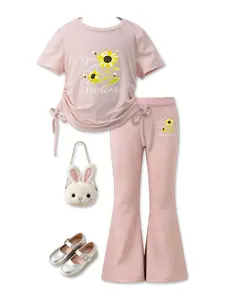 Summer Girls' Set, Sunflower Bee Design, Drawstring Short Sleeve Tee & Flared Pants, Casual Daily Wear, Perfect for School & Outdoors