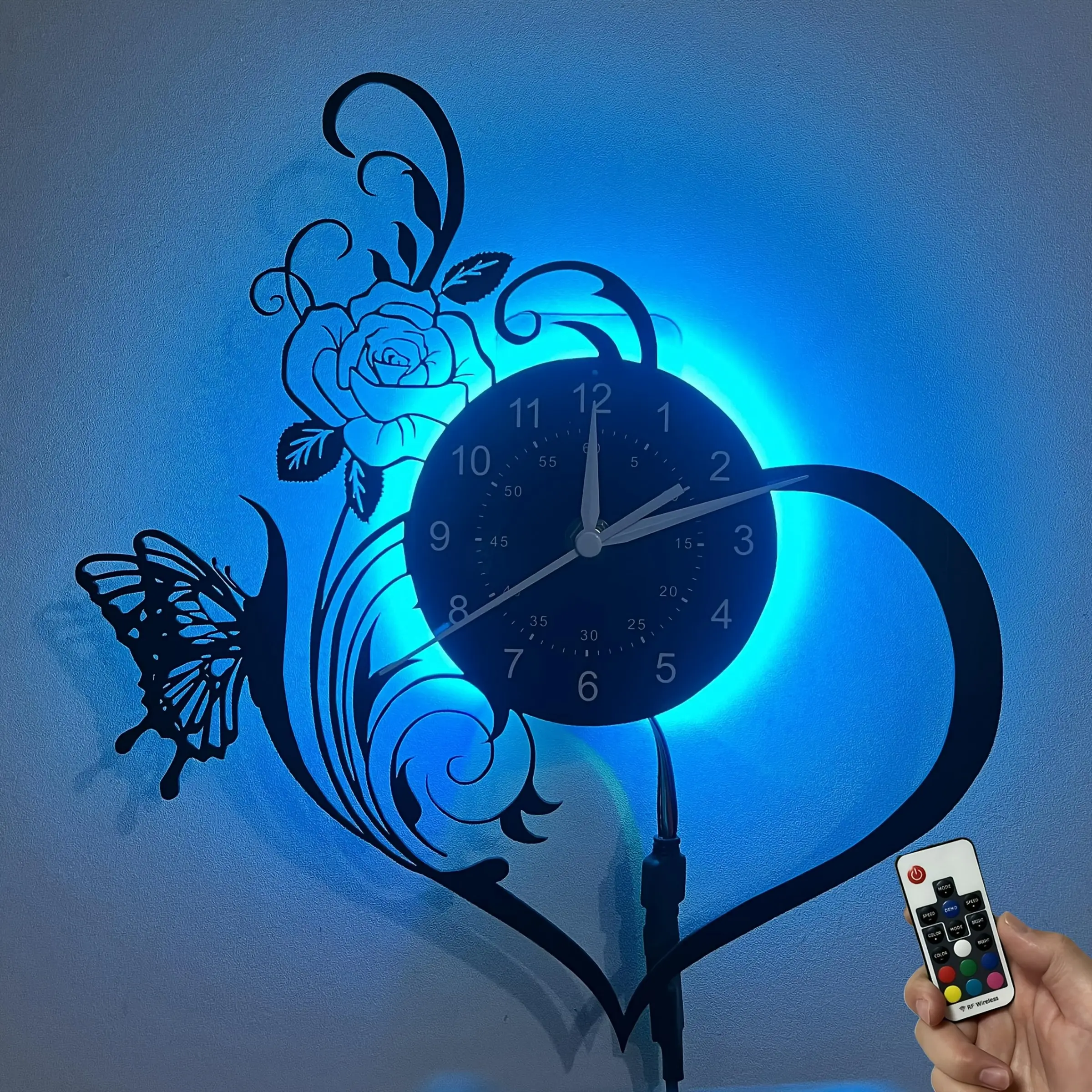 Colorful vinyl led wall clock, Lighted wall clock, flower heart design, home decoration, festival celebration decoration, ship decoration, birthday gift, holiday gift, graduation gift, tabletop decoration, art collection, Creative Decorative Clock