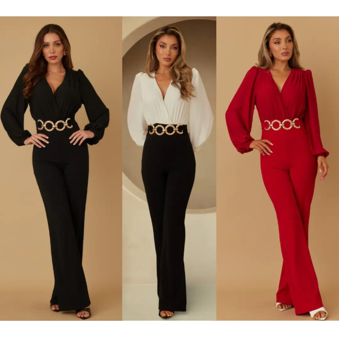 CLASSIC ELEGANT JUMPSUIT - FLOWY LOOSE DETAIL - DRAPED SLEEVES - FOUR CIRCULAR RING ON WAIST - PUFF SHOULDER CAP
