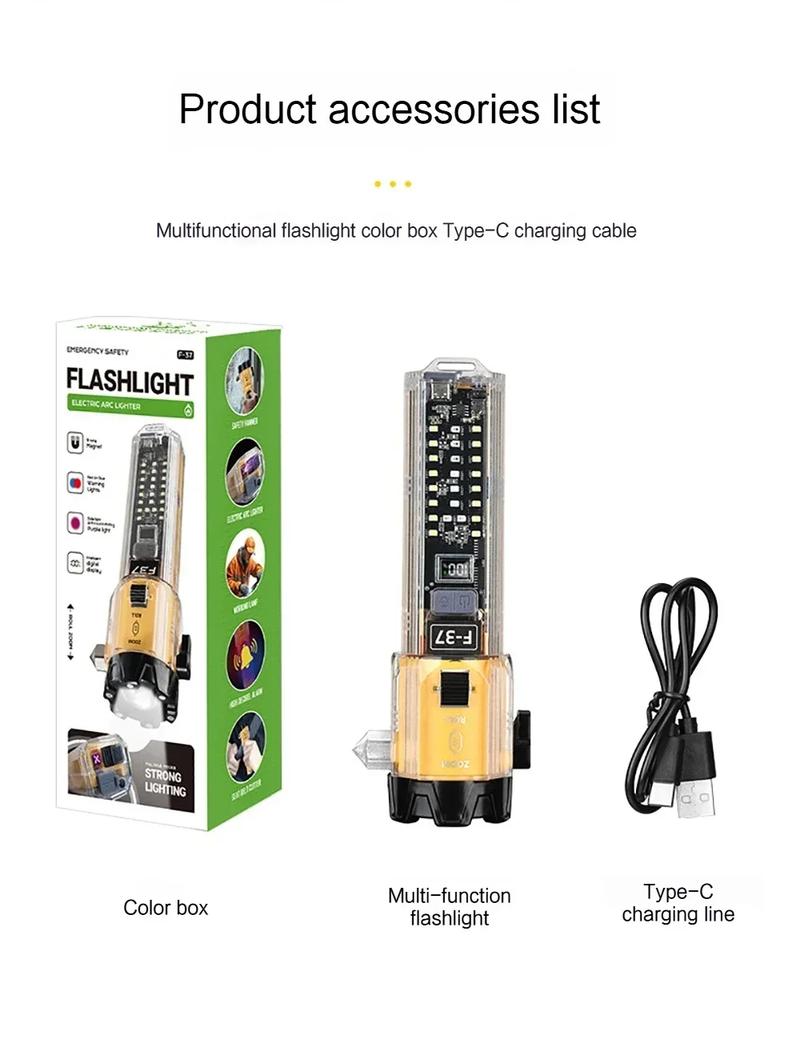 TikTokShopBlackFriday 10-in-1 Multi-Function Rechargeable Flashlight - High Lumen LED Long Throw Beam, Emergency Hammer with Window Breaker for Car, Home, Outdoor Survival and Personal Safety - Portable Emergency Rescue Light