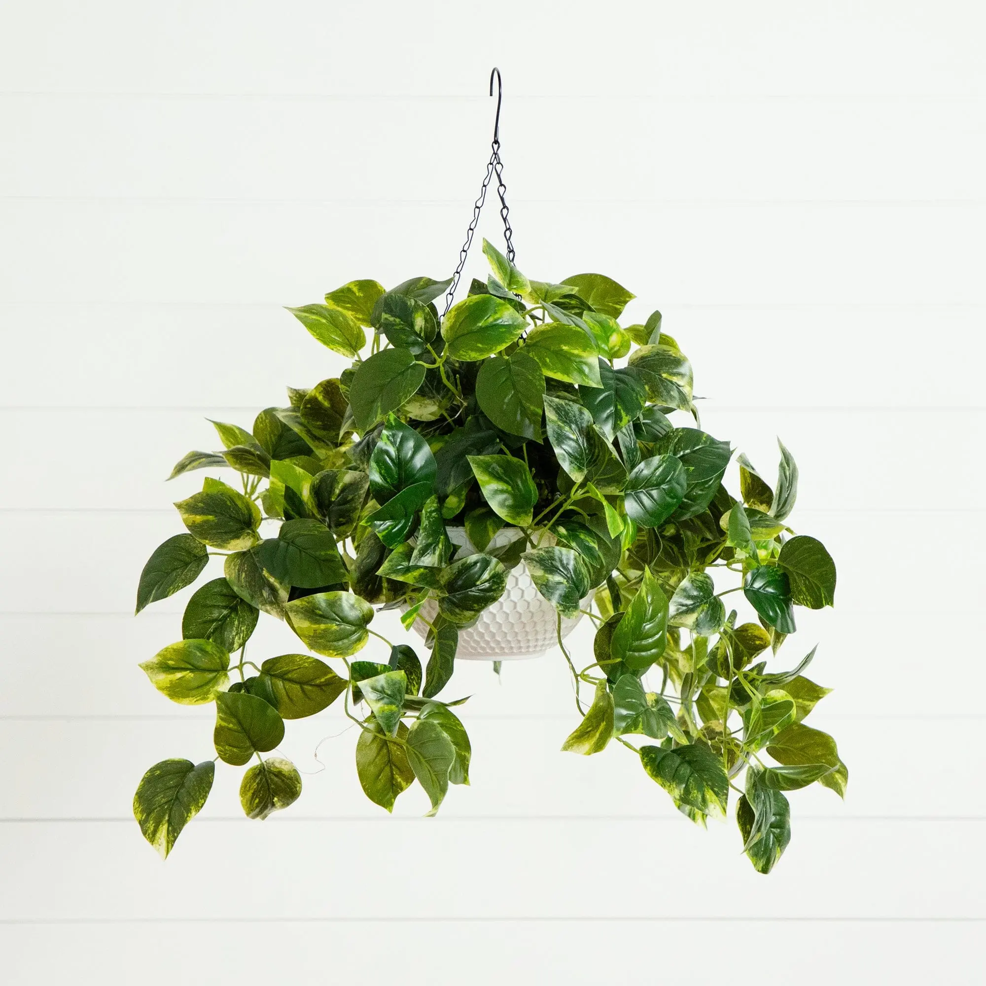 24" UV-Resistant Artificial Pothos with 50 Warm White LED Lights - White Artificial Hanging Basket, Faux Greenery Decorative Planter for Indoors/Outdoors Home Improvement & Year-Round Greenery, Artificial Hanging Baskets, 24" Size