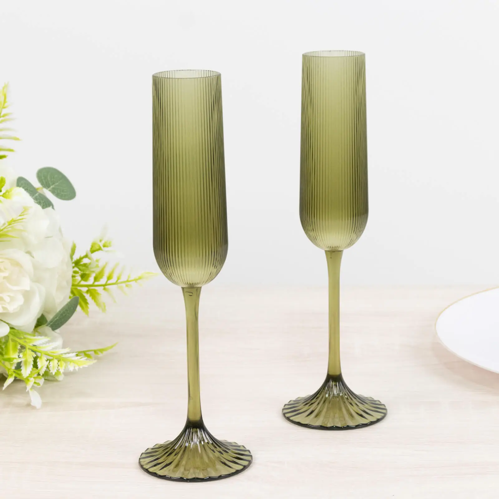 12 Pack 4oz Vintage Ribbed Champagne Flutes Transparent Dusty Sage Green – Disposable Plastic Toasting Glasses