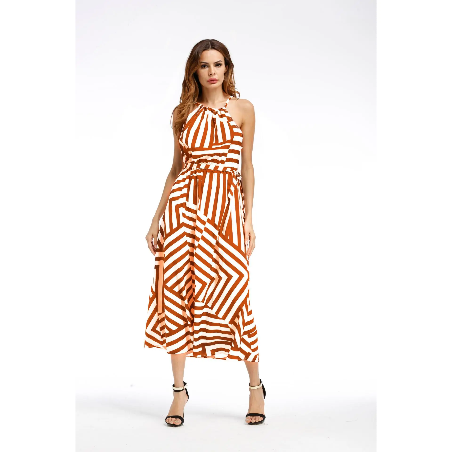 Ladies Printed Loose Dress With Suspenders And Large Swing Skirt