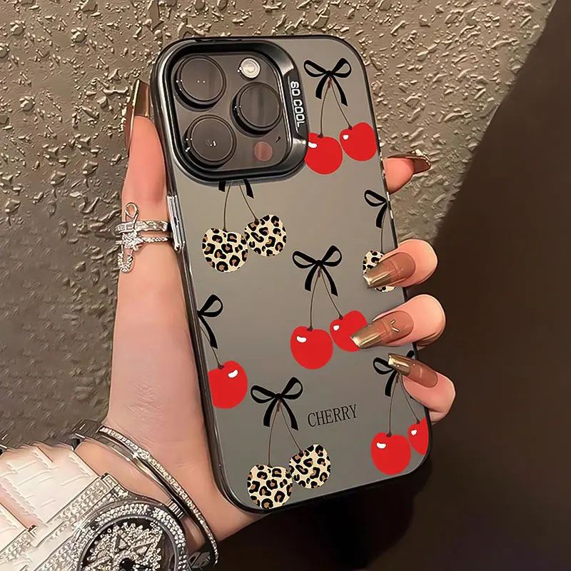 Leopard Print Cherry Bow Smartphone Case for iPhone 17,16 Pro Max,15 Plus,14,13,12,11,Air,XR,XS - Shockproof,Anti-Scratch,Durable PC Back Handheld Casing, Silicone Full Body Protector, Valentine Gift for Women, Mobile Phone Accessories, Full Body Protecti