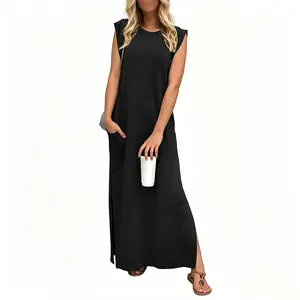 Muse Theory Viral Women Summer Casual Loose Split Wrinkle-Free Long Maxi Vacation Dress Round Neck with Pockets 2026 Theory