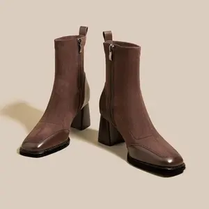 Women'S Chunky Heel Ankle Boots - Square Toe Zipper Closure, Brown Fabric Upper & Rubber Sole, Retro Style Versatile Boots for Fall/Winter,  Black