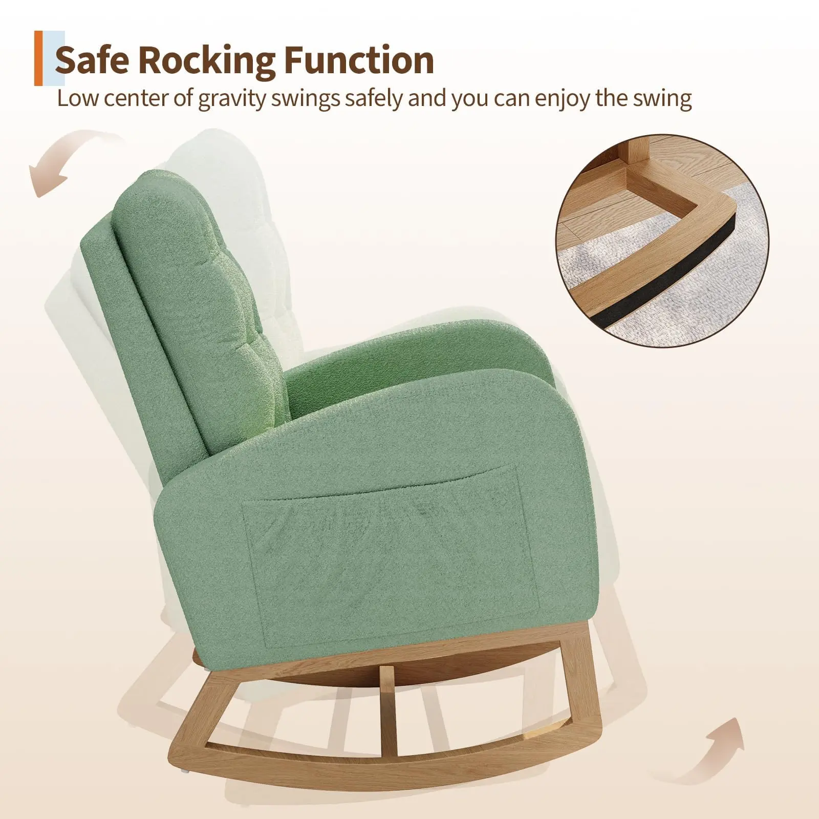 Garvee Modern Upholstered Rocking Chair for Nursery with Side Pocket, Comfortable Recliner, and Gliding Base - Ideal for Living Room, Bedroom, or Nursing Room in Green, Backrest Living Room Furniture, Cushioned Living Room Furniture