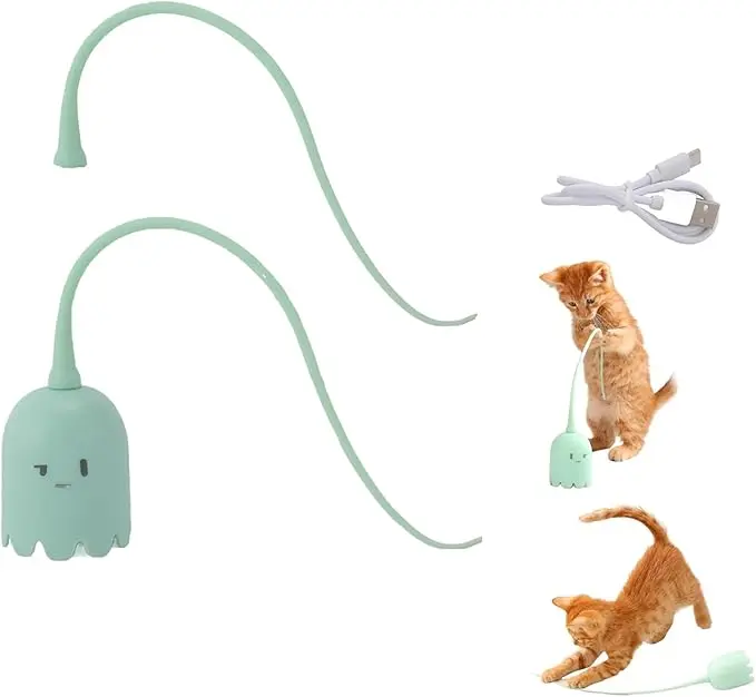 PetCuter Automatic Rechargeable Silicone Tail Cat Wand Interactive Toy - Adjustable Rotational Speed Teaser, Auto Shutoff Saves Power, Tail Teasing Fuels Natural Stalking, Easy Install Quick Play, Keeps Indoor Cats Engaged