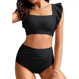 Womens High Waisted Bikini Sets Ruffle Tummy Control Swimsuits Full Coverage Cheeky Two Piece Bathing Suit