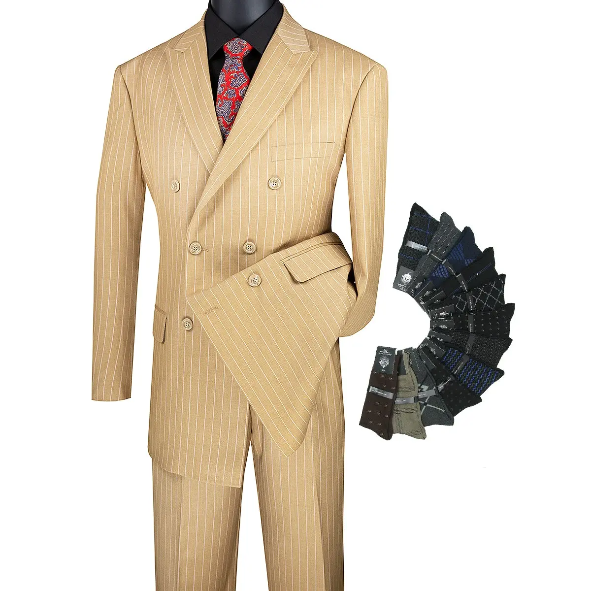Luxurious Men's Double-Breasted Gangster Stripe Suit Camel