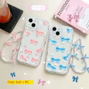 Korean StyleBlue BowClear Wave PhoneCase With Pearl Chain Strap Soft TPU Cover For Infinix Smart 10 Plus 9 7 8 Tecno Spark 40 40C 20 20C 30C Go 2024 2023 2025 1 1S 2 2S Hot 60 Pro Plus 50i 60i Back Cover