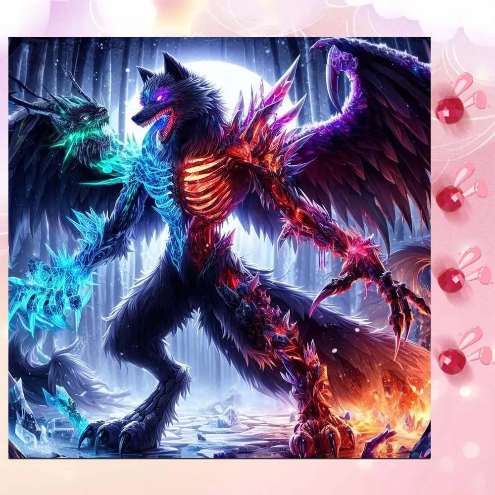 5D DIY Full Drill Round Diamond Painting - Diamond Art Kit Wolf Colorful Wings Mosaic, Canvas - DIY Decorative Painting, Home Wall Decor, Craft, Suitable for Halloween and Christmas, Birthday and Anniversary Gifts, Diamond Painting Kits