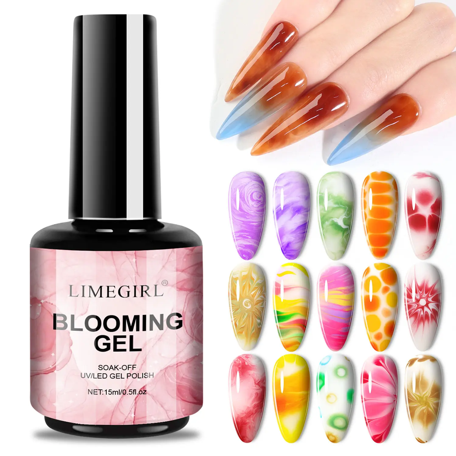 LIMEGIRL 2Pcs 15ml Watercolor Blooming Gel Nail Polish - 2026 New Clear Blossom Magic Smudge Effect Gel, UV/LED Soak Off Marble & Blush Gradient Effect Nail Art Lacquer Base for DIY Manicure Salon